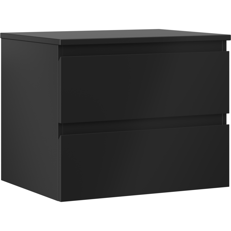 Servantskap 60 cm svart matt med to skuffer, sett fra skrå vinkel uten synlige håndtak.