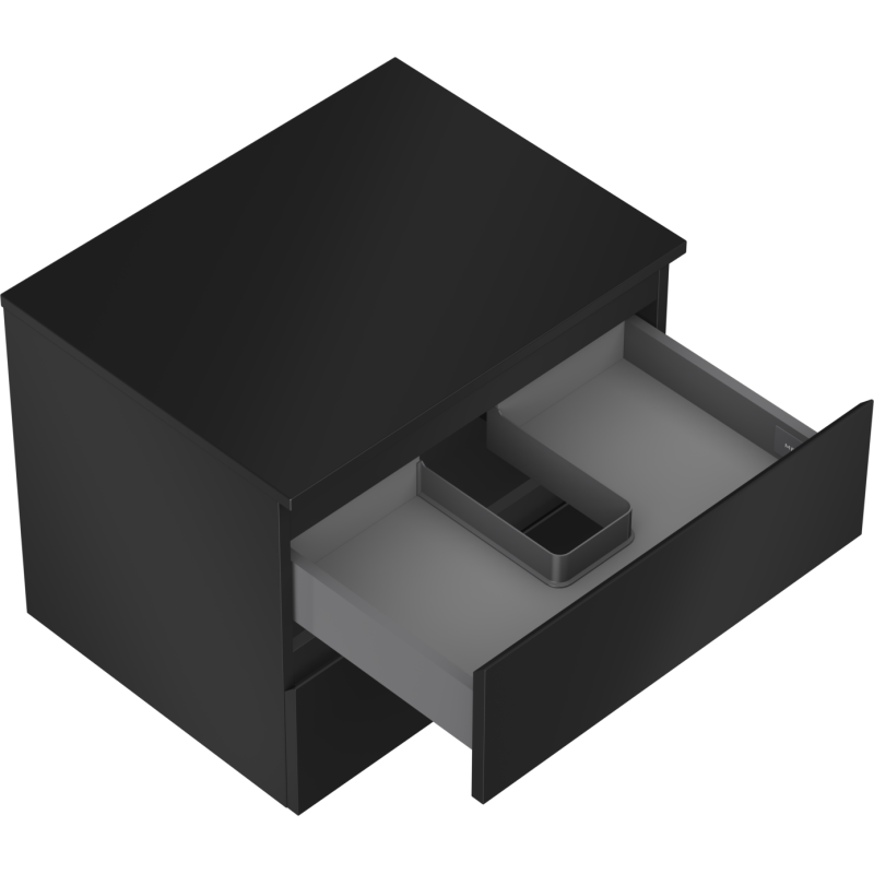 Servantskap uten vask 60 cm svart matt med to skuffer, skrått ovenfra, skuff og organisasjonsbrett synlig.