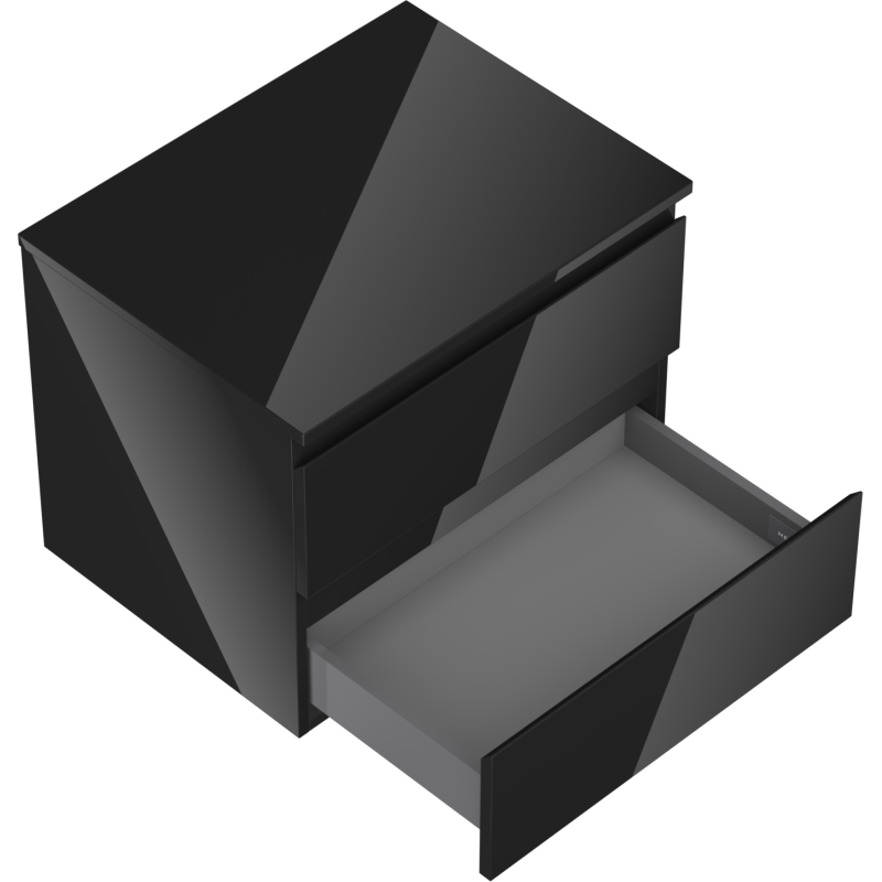 Servantskap til bad 60 cm svart høyglans med én åpen skuff, sett ovenfra i perspektiv.