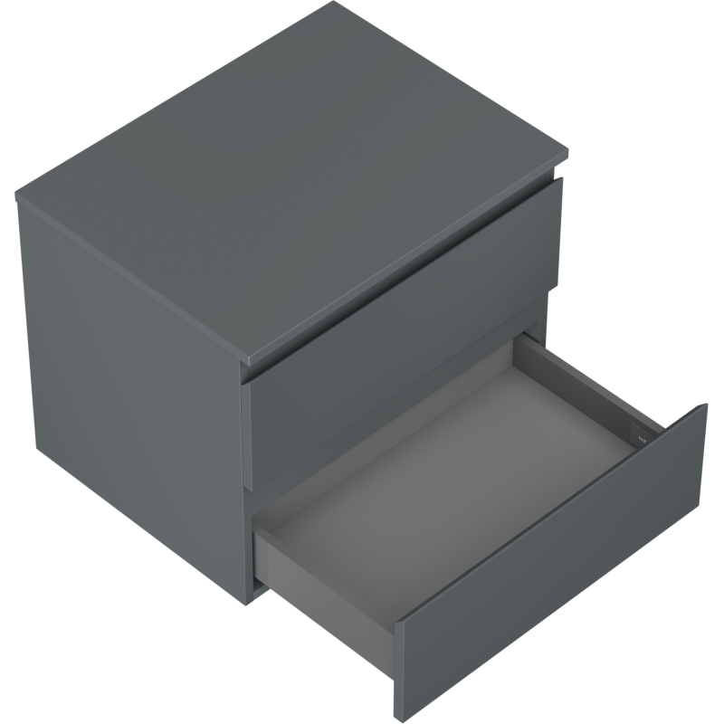 Servantskap til bad i grafitt matt med én stor uttrekt skuff og én lukket skuff sett skrått ovenfra.