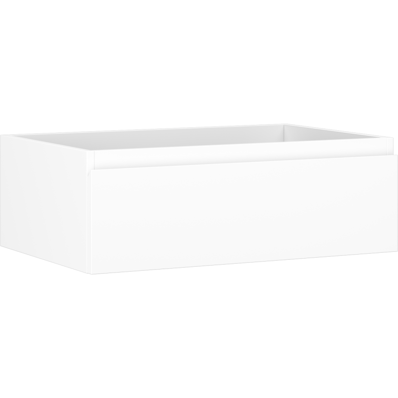 Servantskap 70 cm hvit matt med én skuff, sett fra skrå forsidevinkel.