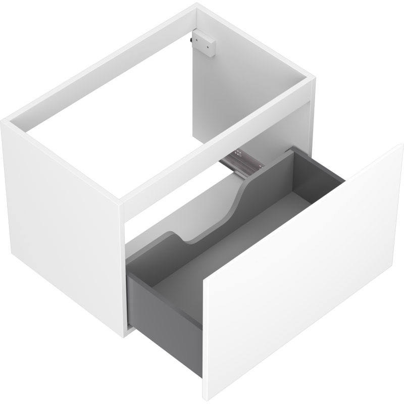 Servantskap uten vask 70 cm hvit matt med stor grå skuff delvis åpen, sett skrått ovenfra.