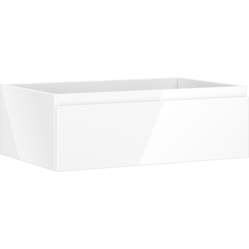 Servantskap 70 cm hvit høyglans med én skuff, vist fra skrå vinkel med fokus på front og side.
