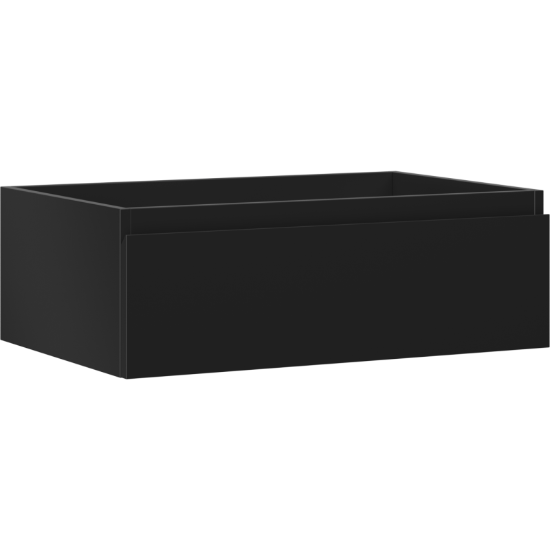 Servantskap 70 cm svart matt veggmontert med én skuff, sett skrått forfra uten håndtak.