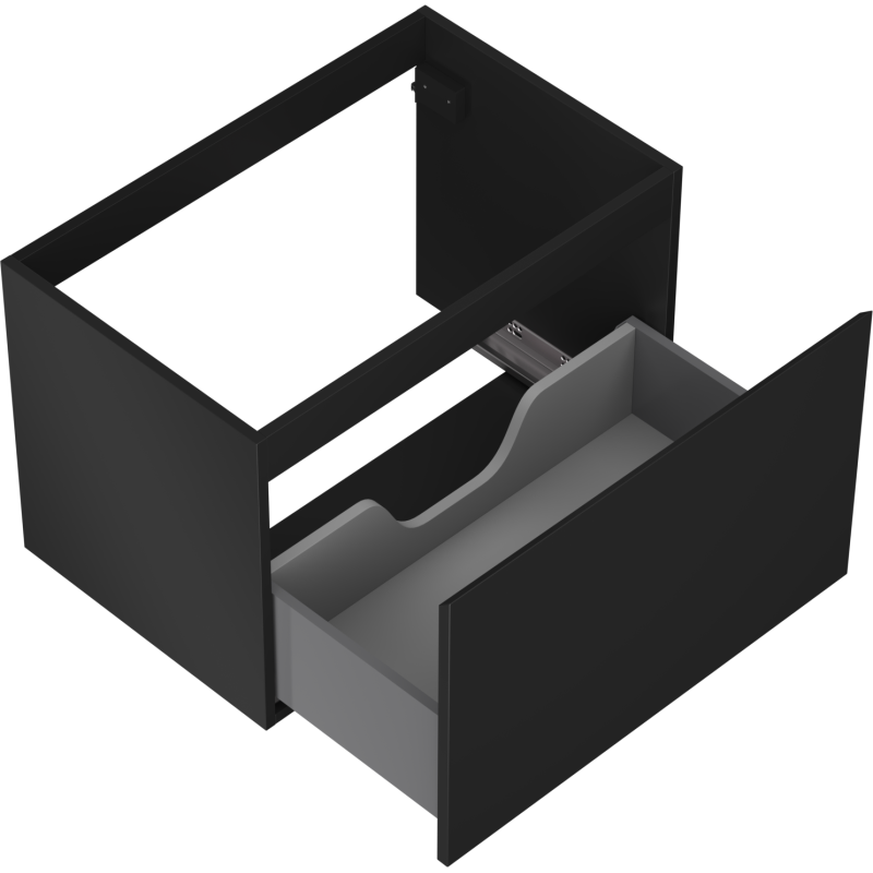 Servantskap uten vask svart matt Mexen Orio 70 cm med én grå skuff trukket ut og utskjæring for rør.