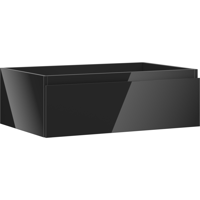 Servantskap 70 cm svart høyglans med én skuff, sett fra skrått side- og frontperspektiv.