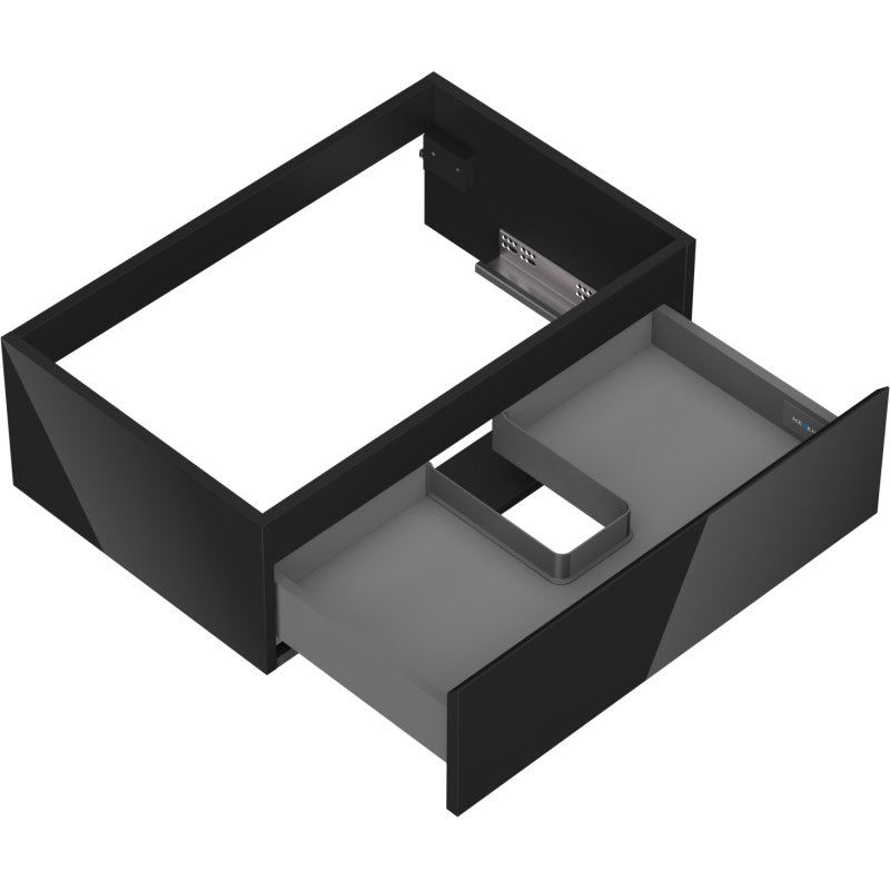 Servantskap uten vask svart høyglans 70 cm med U-formet skuff sett ovenfra, skuff delvis åpen.