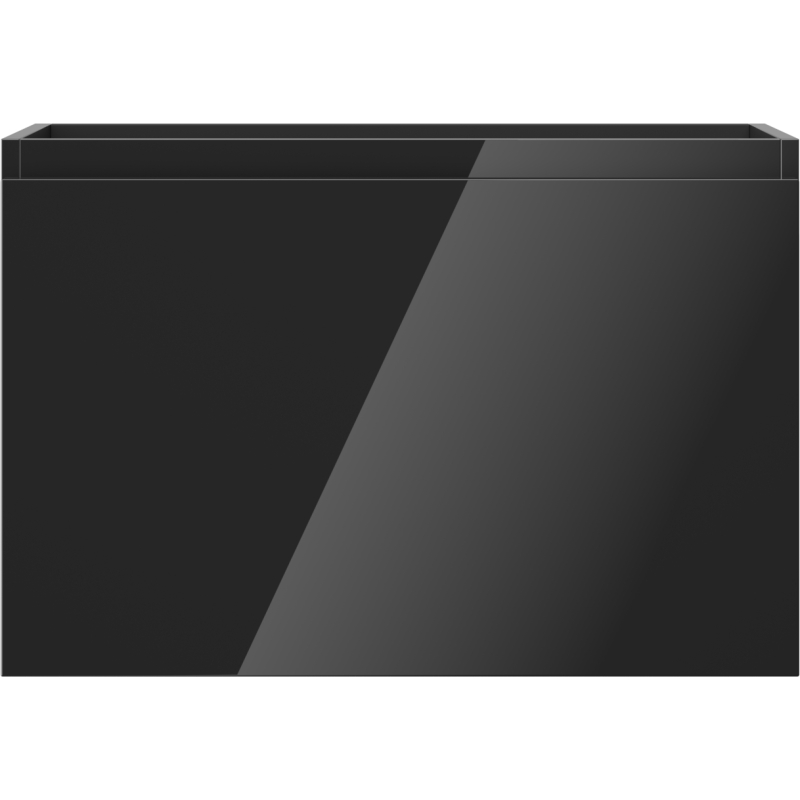 Underskap til servant i svart høyglans glassfront, 70 cm bred, sett rett forfra uten synlige håndtak.