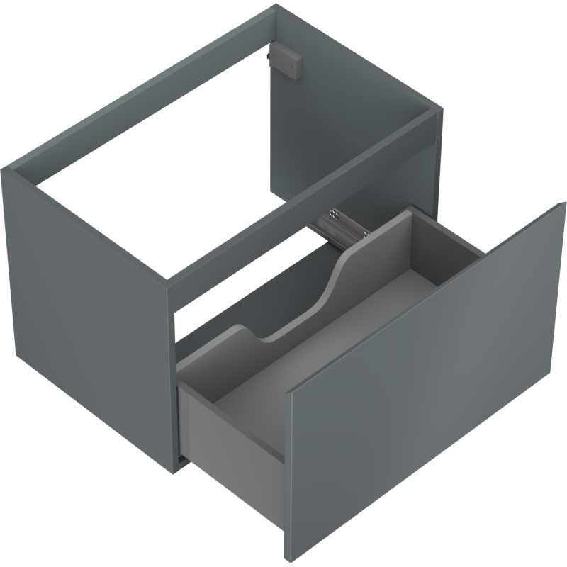 Servantskap uten vask 70 cm grafitt matt med én uttrekt skuff og utsparing til rør, sett skrått ovenfra.