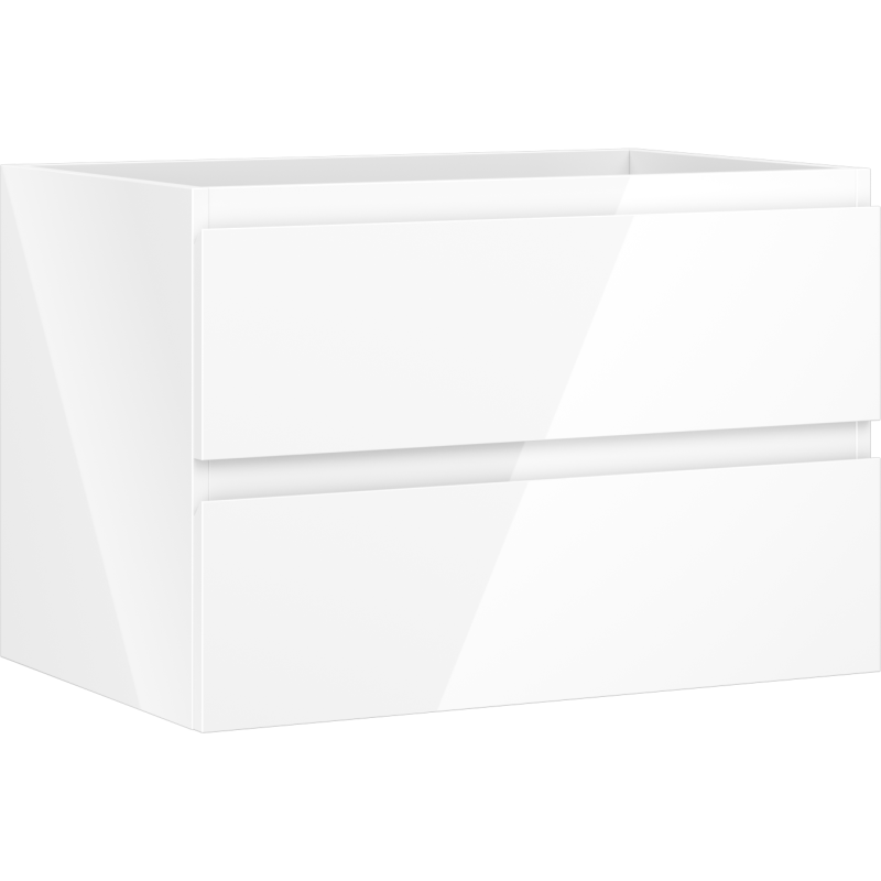 Servantskap 70 cm hvit høyglans med to skuffer, sett fra skrå vinkel uten synlige håndtak.