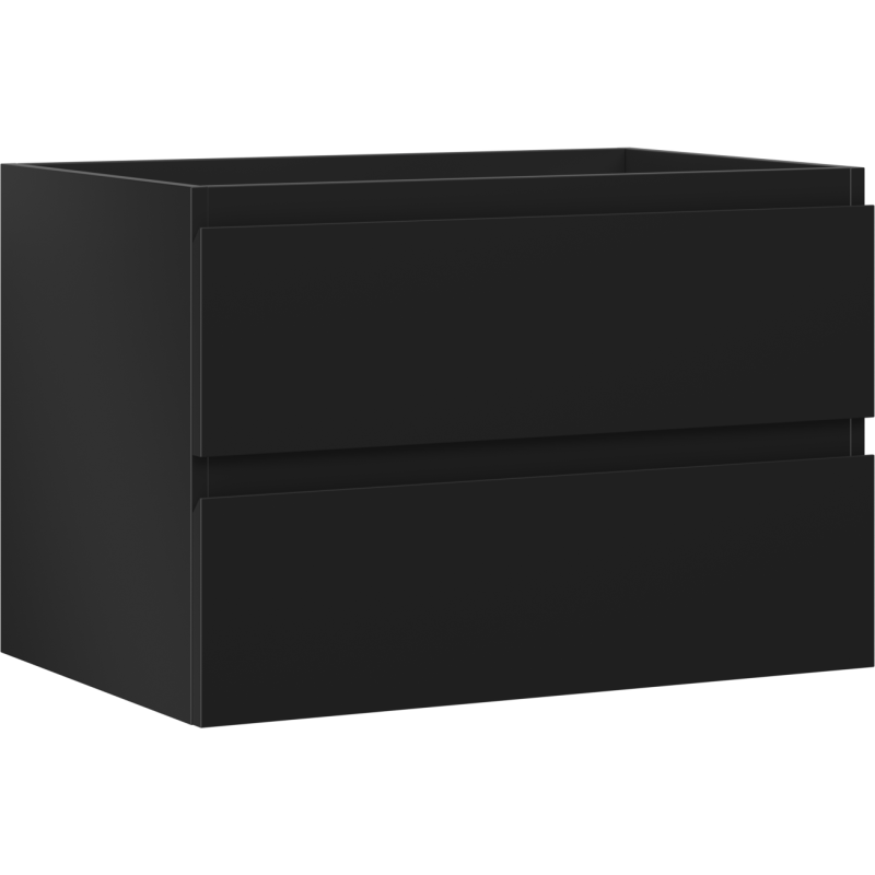 Servantskap 70 cm svart matt med to glatte skuffer uten håndtak, sett fra skrå vinkel.