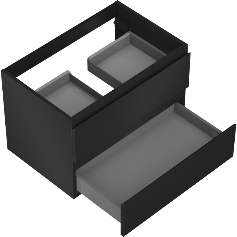 Servantskap til bad 70 cm svart matt med to åpne grå skuffer og stor bunnskuff trukket ut.