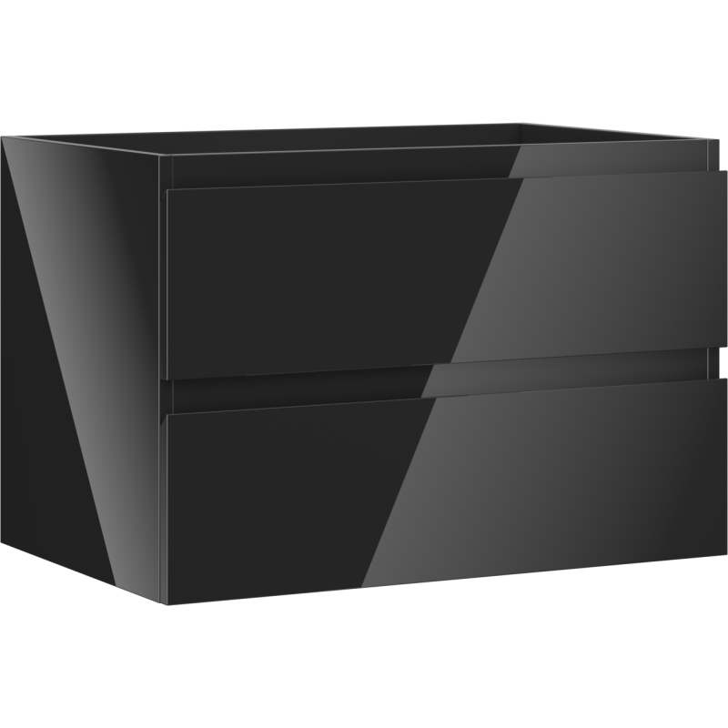 Servantskap 70 cm svart høyglans med to brede skuffer uten håndtak, sett fra venstre hjørne.