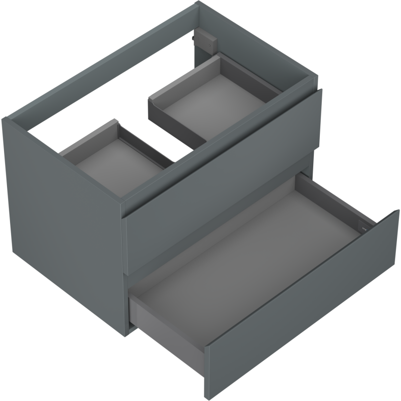 Servantskap til bad 70 cm grafitt matt med to skuffer, nederste skuff trukket ut, sett skrått ovenfra.