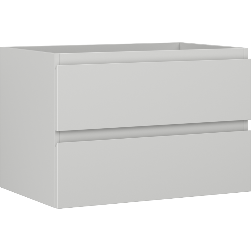 Servantskap 70 cm grå matt med to skuffer uten håndtak, vist fra skrå vinkel.