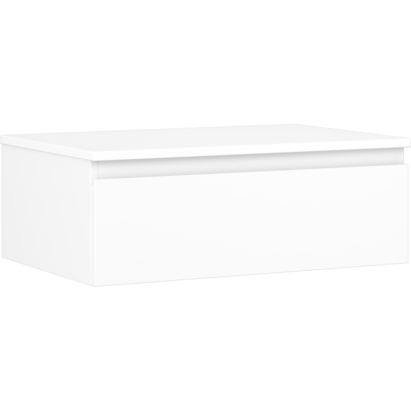 Servantskap 70 cm hvit matt veggmontert med én skuff og grep i form av spalte øverst.