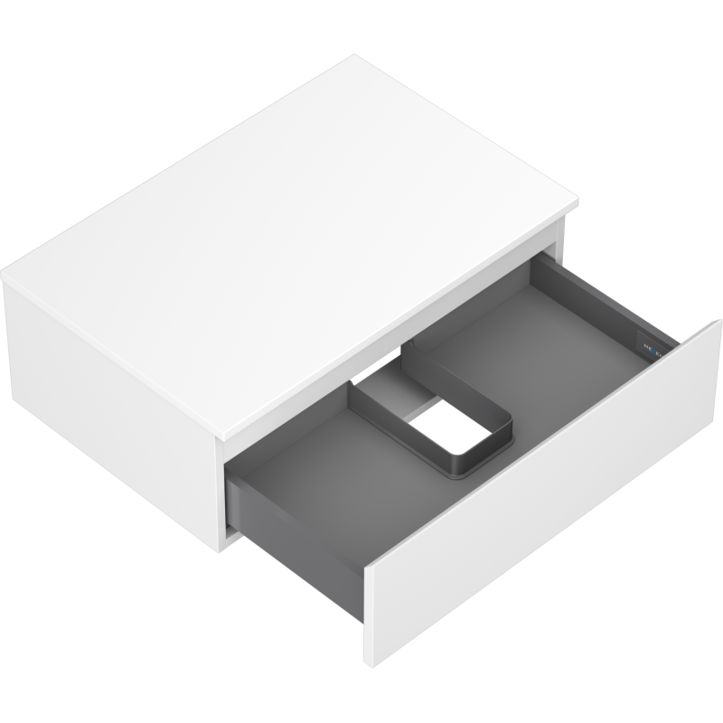 Servantskap uten vask i hvit matt med én skuff, grå innside og sentrert inndeling, sett skrått ovenfra.