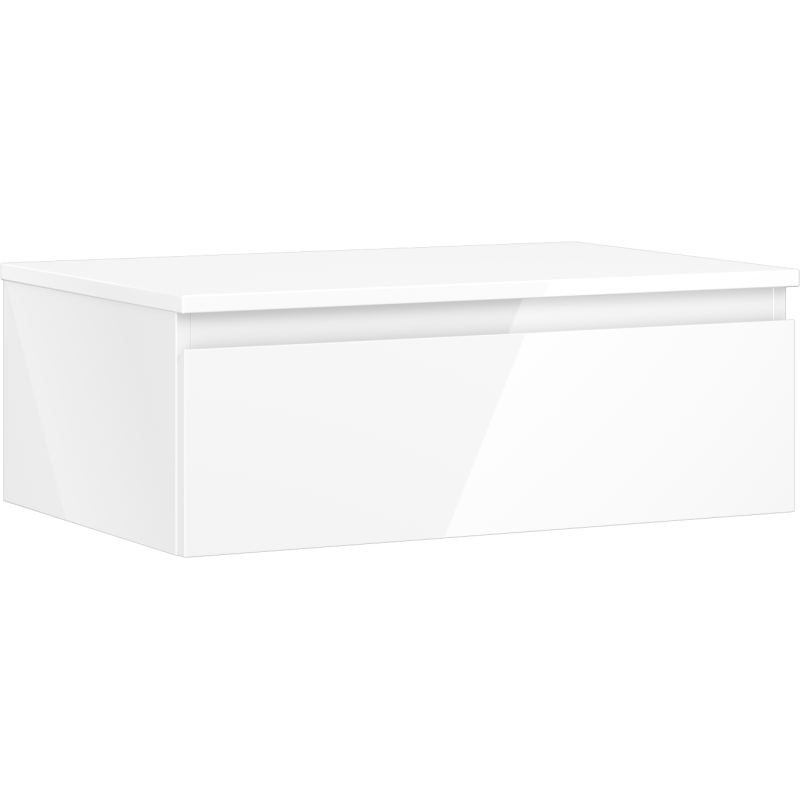 Servantskap 70 cm hvit høyglans med én skuff, sett skrått forfra uten synlige håndtak.