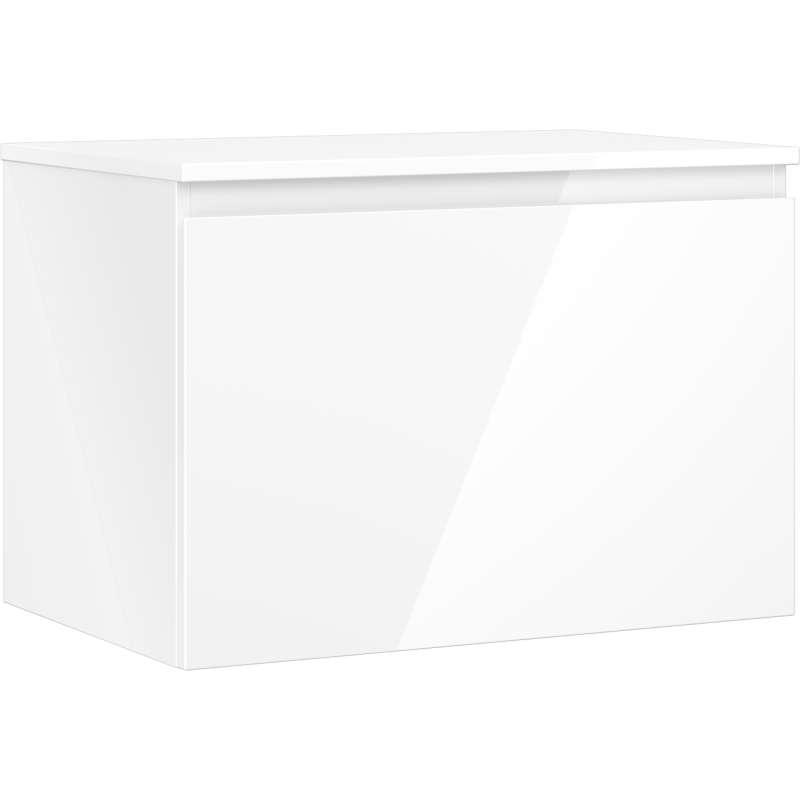 Servantskap 70 cm i hvit høyglans med én skuff, sett fra skrå vinkel uten synlige håndtak.