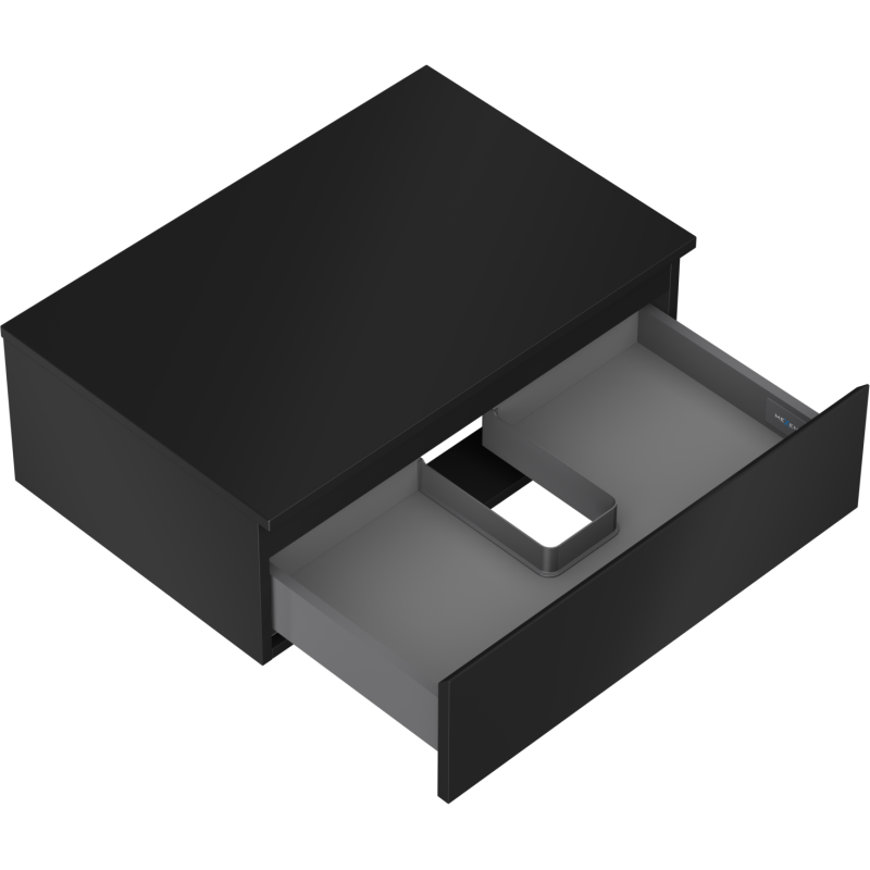 Servantskap uten vask 70 cm svart matt med åpen skuff og rominndeling sett skrått ovenfra.