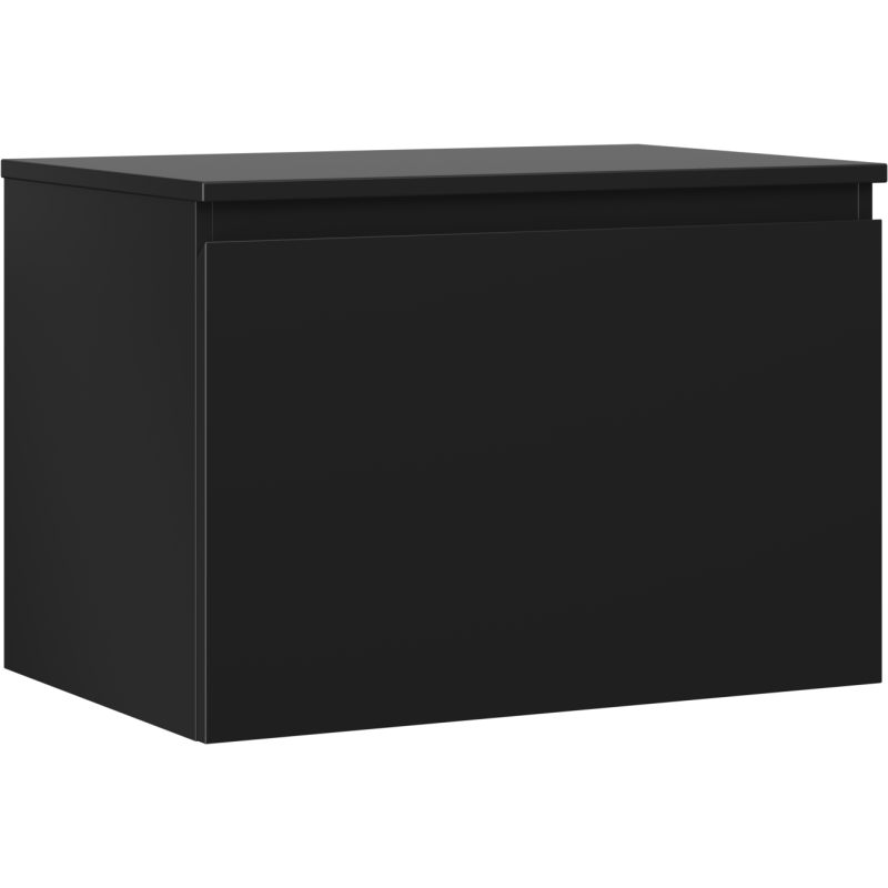 Servantskap 70 cm svart matt med én skuff, sett fra siden og litt forfra.