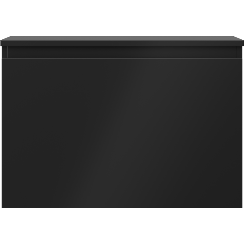 Underskap til servant i svart matt metall med én skuff, sett rett forfra uten synlige håndtak.