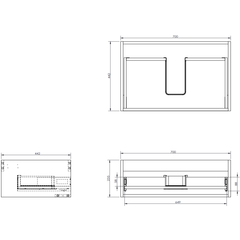 Servantskap til bad teknisk tegning med mål av Mexen Orio 70 cm i svart høyglans.