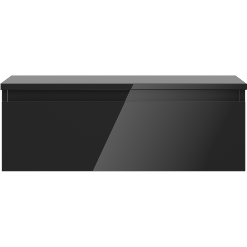 Underskap til servant i svart høyglans med én stor skuff, sett rett forfra.