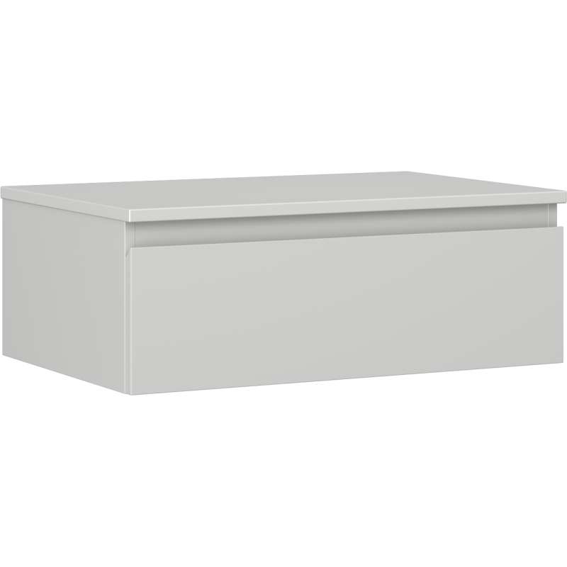 Servantskap 70 cm grå matt med én skuff, sett skrått forfra uten synlige håndtak.