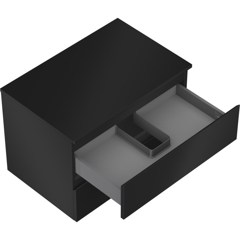 Servantskap uten vask 70 cm svart matt med åpen skuff og grå innsats for småting.