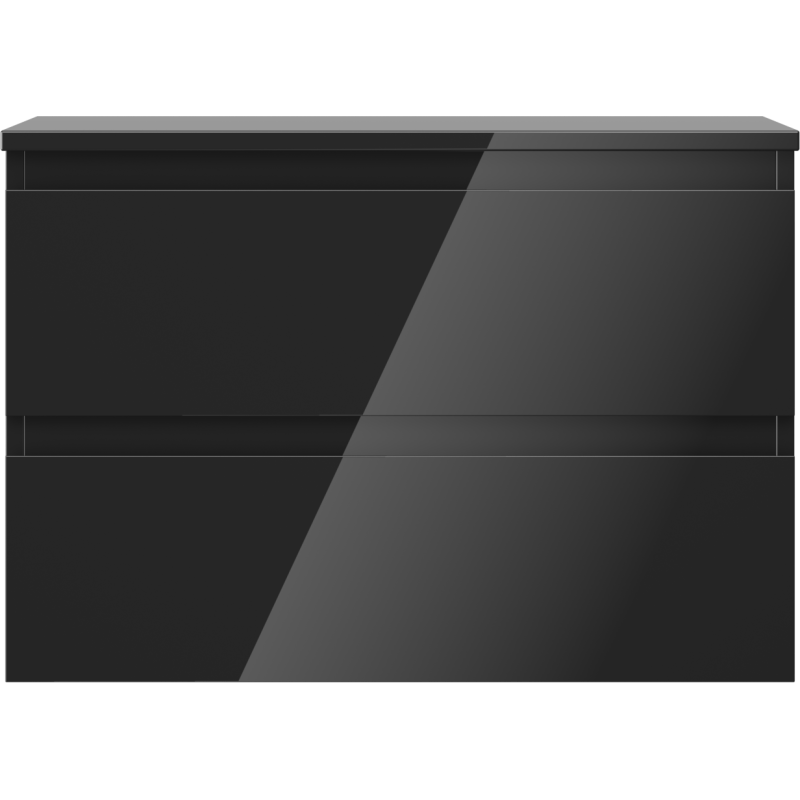 Underskap til servant i svart høyglans med to brede skuffer og minimalistisk front uten håndtak.