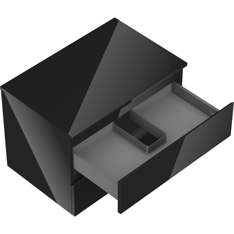 Servantskap uten vask svart høyglans 70 cm med åpen skuff og synlige rominndelere.