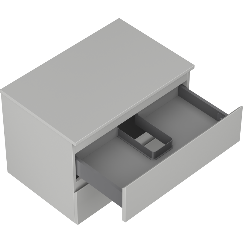 Servantskap uten vask 70 cm grå matt med to skuffer, åpen skuff med mørk grå inndeling.
