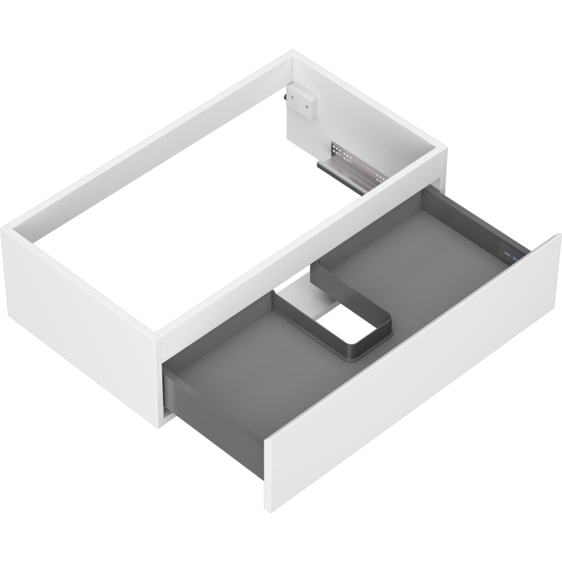 Servantskap uten vask 80 cm hvit matt med åpen skuff og utsparing for rør, sett skrått ovenfra.