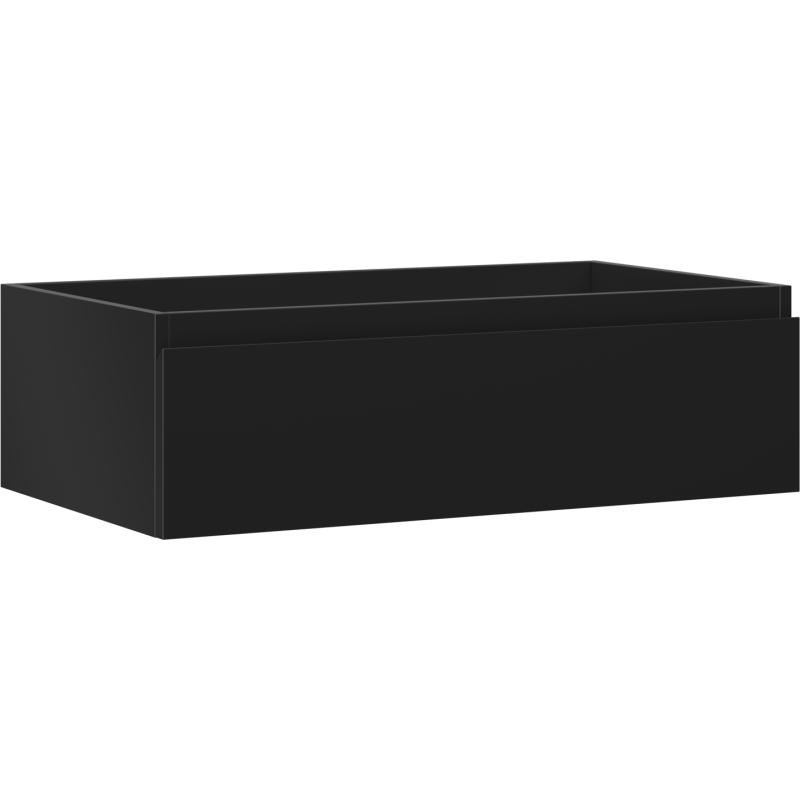 Servantskap 80 cm svart matt med én skuff, sett fra skrå vinkel foran.