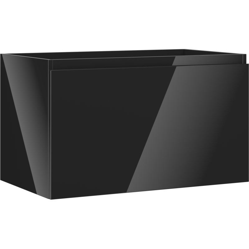 Servantskap 80 cm svart høyglans med én skuff, sett fra skrå vinkel med blank overflate.