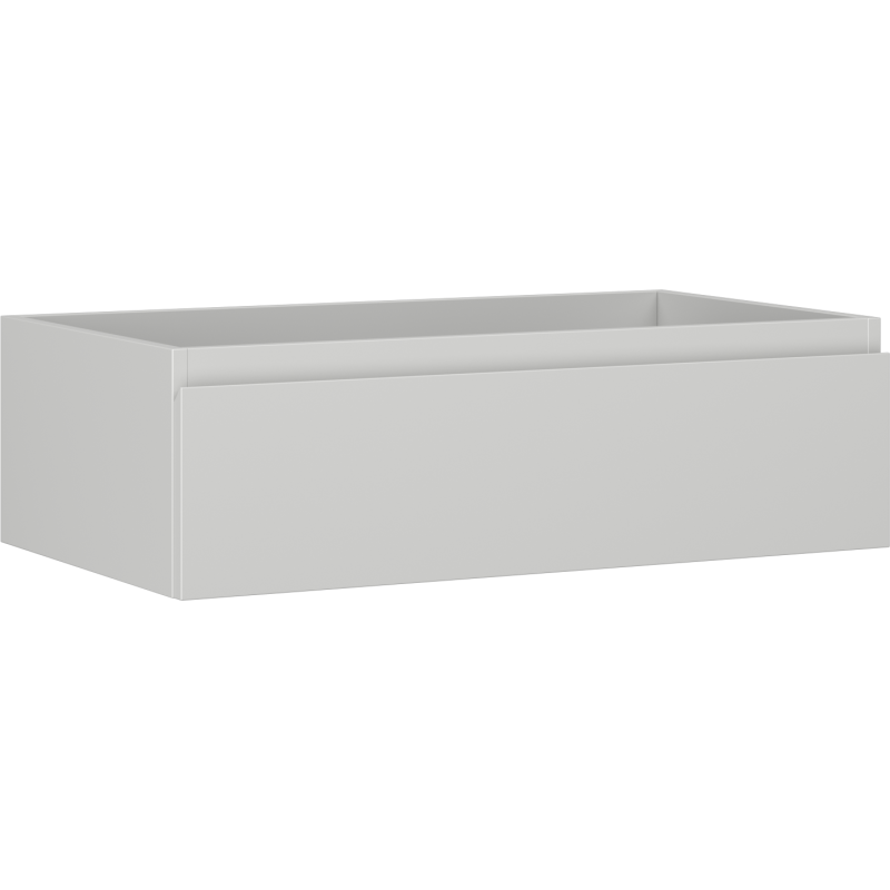 Servantskap 80 cm grå matt med én skuff, veggmontert, sett fra skrå vinkel uten håndtak.