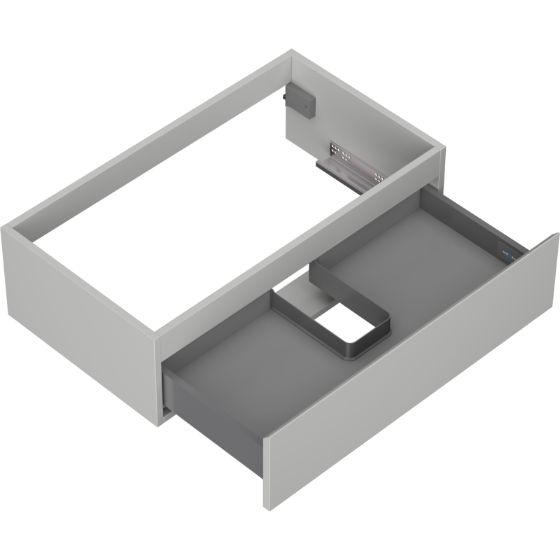 Servantskap uten vask i lys grå matt utførelse med åpen skuff og integrert grå inndeling.
