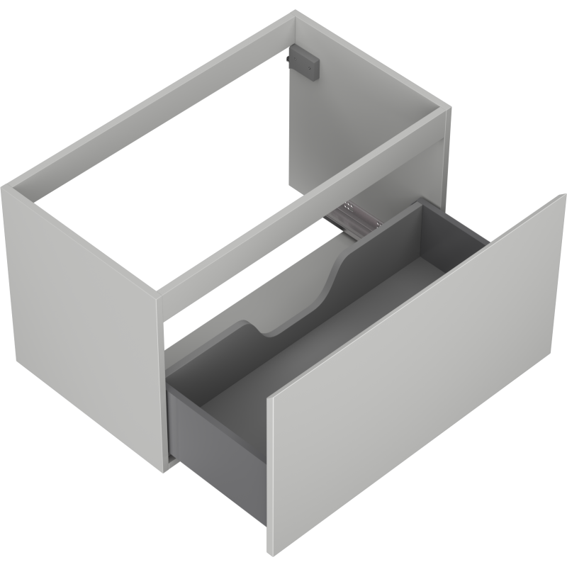 Servantskap uten vask 80 cm grå matt med én stor skuff delvis åpen og utsparing til rørføring.