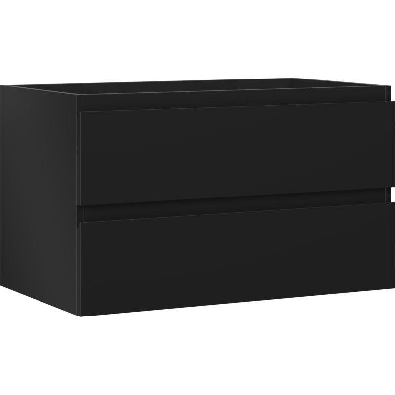 Servantskap 80 cm i svart matt med to store skuffer uten håndtak, sett fra skrå vinkel.