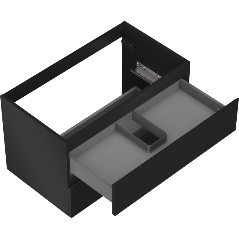 Servantskap uten vask svart matt Mexen Orio 80 cm med åpen grå skuff og organiseringsinnsats.