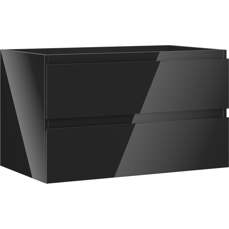 Servantskap 80 cm svart høyglans med to glatte skuffer uten håndtak, sett fra skrå front.