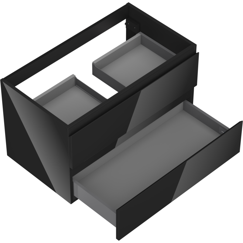 Servantskap til bad 80 cm svart høyglans med to skuffer, nederste skuff trukket ut.