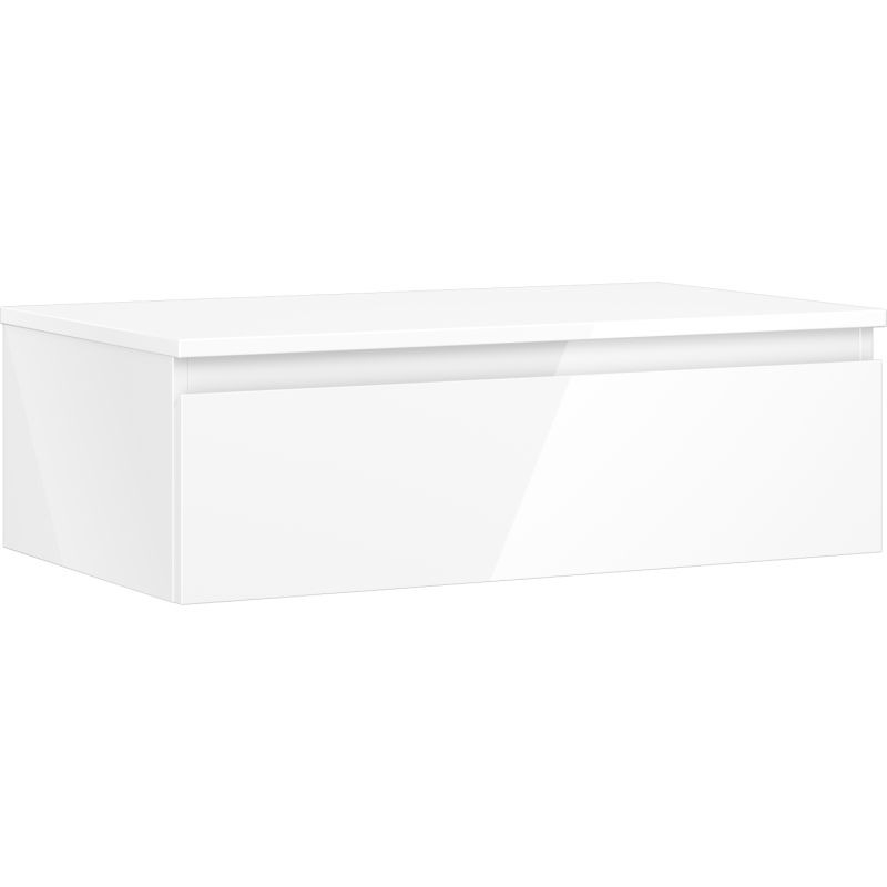 Servantskap 80 cm hvit høyglans med én skuff, sett fra skrå front uten synlige håndtak.