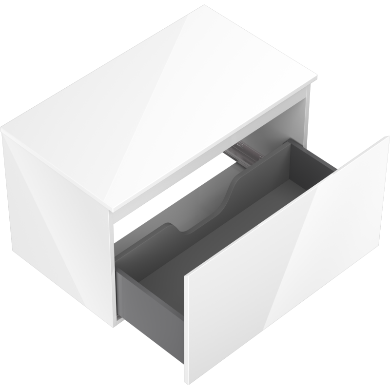 Servantskap uten vask 80 cm hvit høyglans med åpen skuff og grå innside, sett skrått ovenfra.