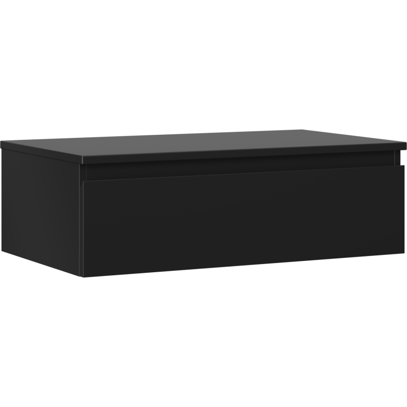 Servantskap 80 cm svart matt med én skuff, sett fra skrå vinkel, moderne design uten håndtak.