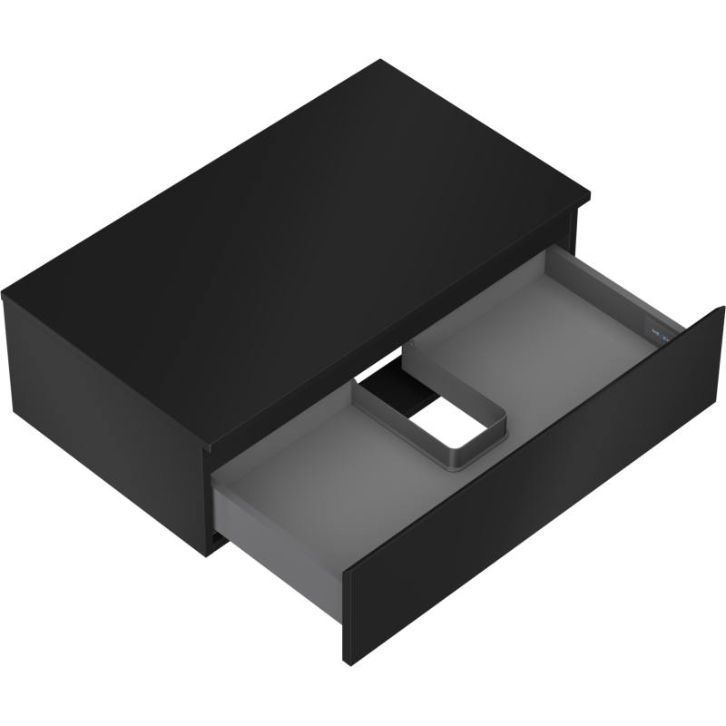 Servantskap uten vask svart matt Mexen Orio 80 cm med åpen skuff og innsats, sett skrått ovenfra.