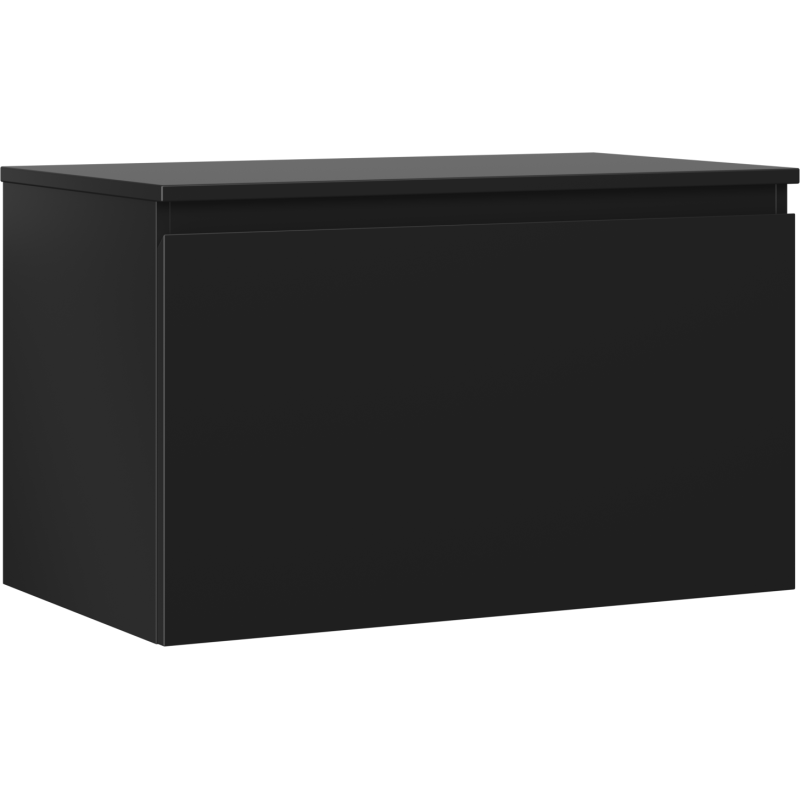 Servantskap 80 cm svart matt med én skuff, sett fra forside og venstre side, minimalistisk design.