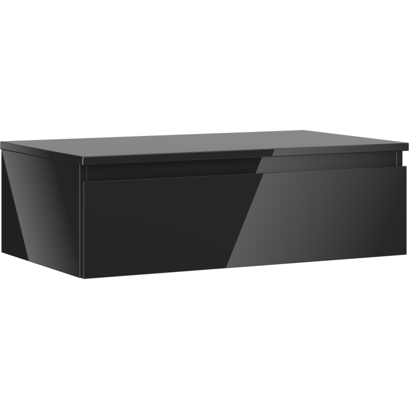 Servantskap 80 cm svart høyglans med én skuff, sett skrått forfra i minimalistisk design.