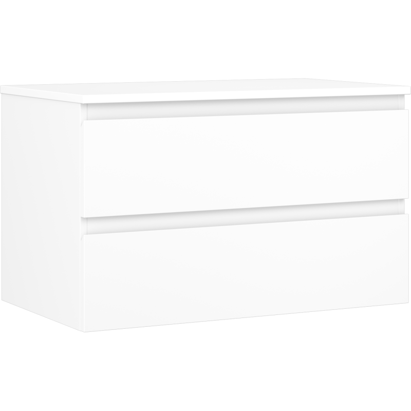 Servantskap 80 cm hvit matt med to skuffer, sett skrått forfra, uten synlige håndtak.